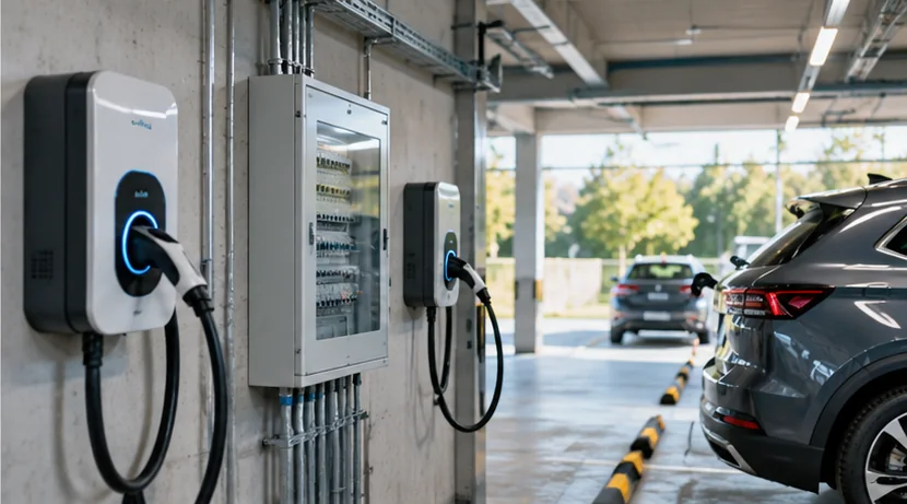 Bornes de recharge électrique dans un parking professionnel