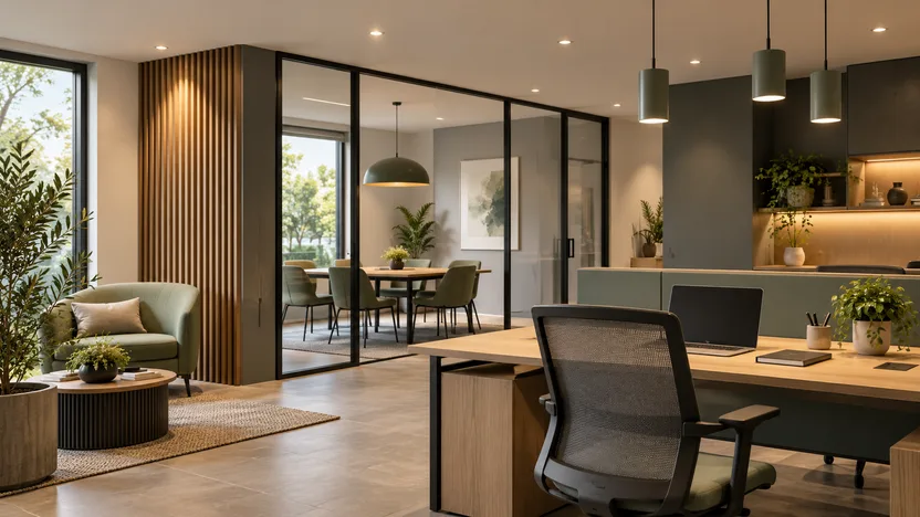 Luminaires suspendus et éclairages intégrés dans un espace de bureaux