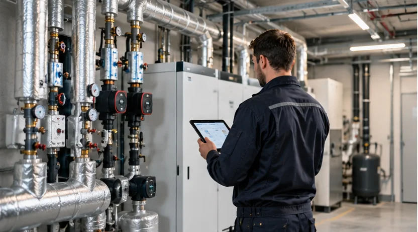 Technicien contrôlant les équipements techniques d’un bâtiment