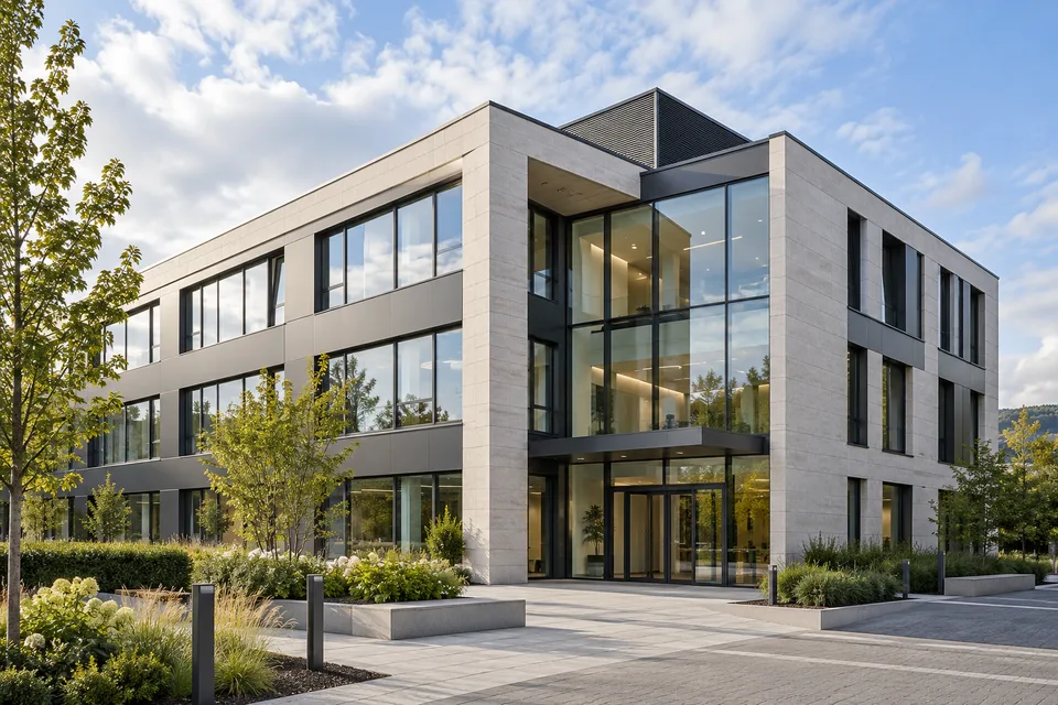 Bâtiment de bureaux contemporain avec entrée vitrée et espaces plantés